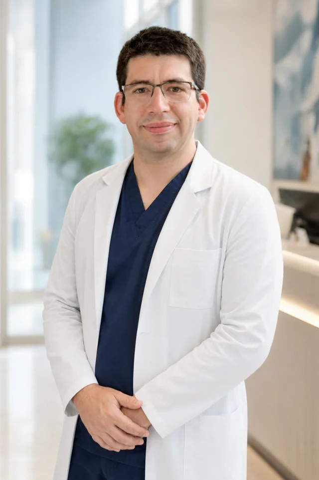 Dr. Jorge Tabilo, médico neurocirujano, con delantal blanco